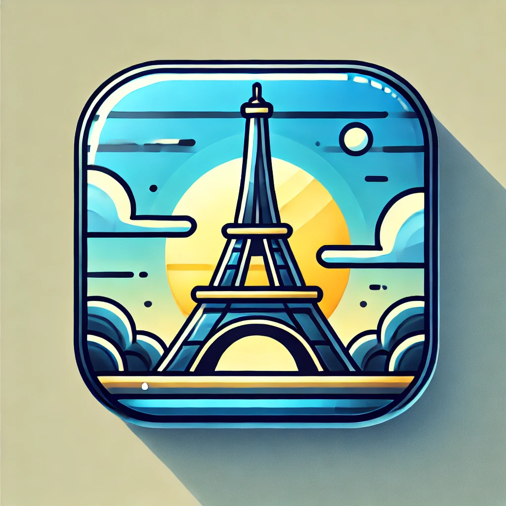 DALL·E 2025-02-01 16.40.58 – A modern, vector-style app icon featuring the Eiffel Tower in the center. The icon has a glossy, rounded square design with a vibrant color palette, i